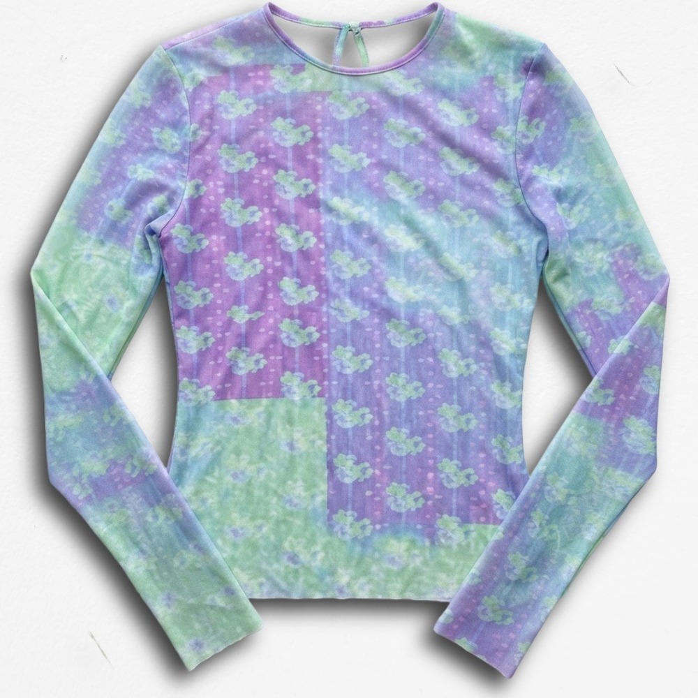 Jnylon Studios Sheer Floral Patchwork Mesh Long Sleeve Top Purple Green Small